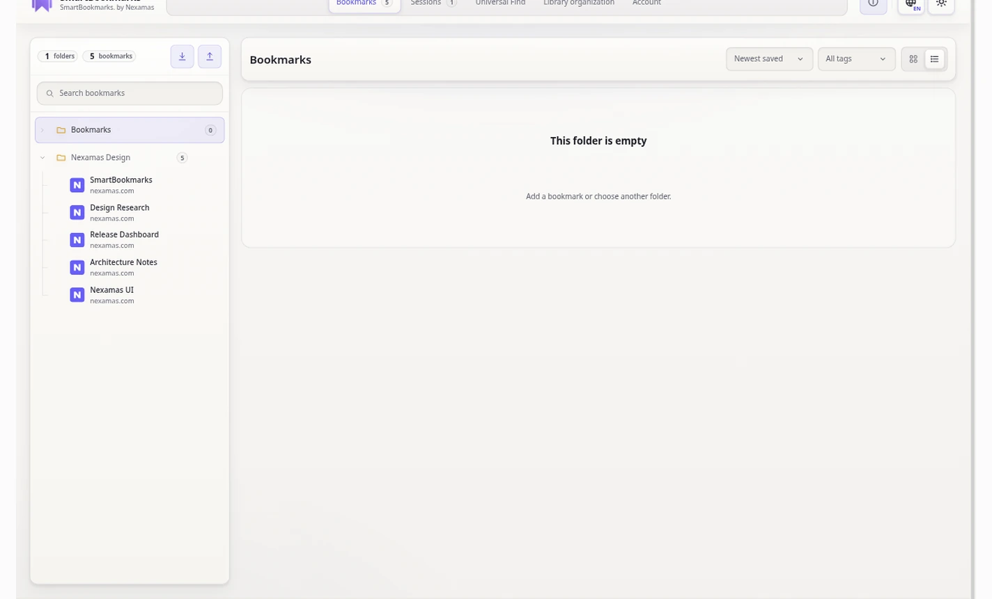 SmartBookmarks library workspace showing bookmark folders and saved links